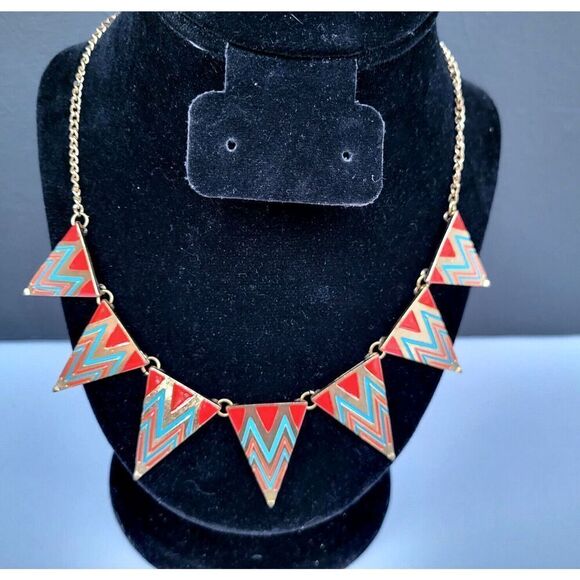 Vintage Gold tone Circus Triangular Enamel Chevron Statement Necklace 19" - Picture 1 of 3